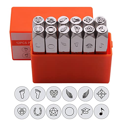 SEEKQUA 12PACK Design Stamps, 6mm 1/4"Metal Punch Stamp. Punching Tool Box, electroplated Hard Carbon Steel Tool, Used for Metal Jewelry, Leather and Wood Printing. (Graphics Theme)