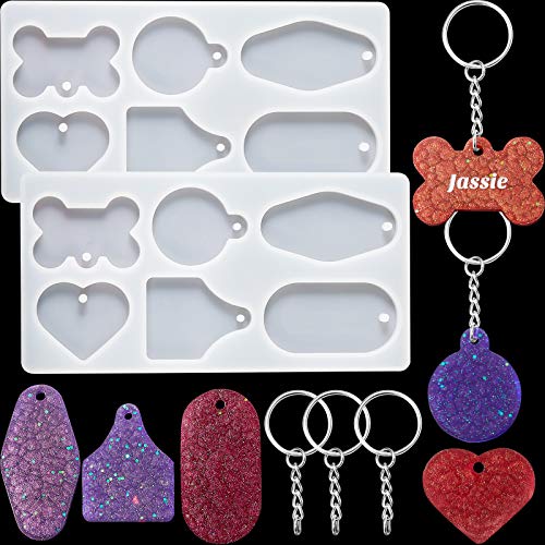 2 Pieces Dog Tag Resin Keychain Moulds Dog Bone Tag Silicone Moulds Round Tag Epoxy Moulds Heart Moulds with 20 Pieces Keychains Rings for DIY Dog Tag Keychain Pendant