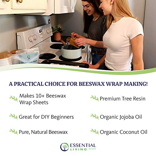 Essential Living: Pre-Mixed DIY Beeswax Wrap Bar - All-Natural Pure Beeswax, Tree Resin, Jojoba Oil and Coconut Oil Bar - 8 oz. - Makes Over 20 Beeswax Food Wrap Sheets - Easy to Use for Beginners