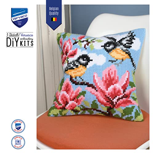 Vervaco Cross Stitch Embroidery Kits Pillow Front for Self-Embroidery with Embroidery Pattern on 100% Cotton and Embroidery Thread, 15,75 x 15,75 Inches - 40 x 40 cm, Bird with Flowers