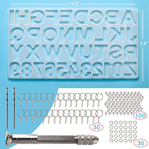 Mocoosy 134Pcs Silicone Alphabet Resin Molds Kit Letter Number Silicone Mold Epoxy Resin Casting Molds Keychain Making Set with 1 Hand Drill 2 Drill Bits 30 Key Rings 100 Screw Pins