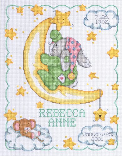 Janlynn Cross Stitch Kit, 14-Inch by 11-Inch, Crescent Moon Birth Announcement, White