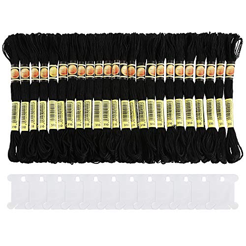 Pllieay 24 Skeins Black Embroidery Threads Cotton Embroidery Floss Friendship Bracelets Floss with 12 Pieces Floss Bobbins for Halloween Knitting, Embroidery Stitching and Cross Stitch Project