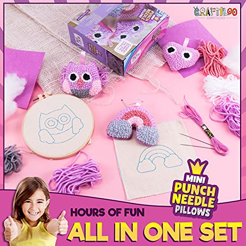 3Pcs of Embroidery Punch Needle kit for Kids Mini Pillows Googly Heart Owl Rainbow Needlepoint Craft Embroidery Pen Needle Punch Kit Art Punch Needle Yarn Punch Needle Set DIY Adult Beginner