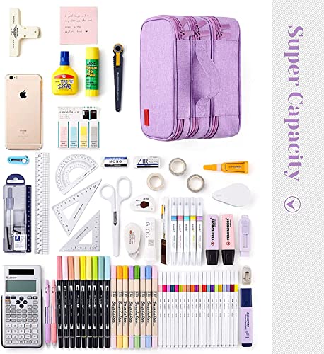 Large Capacity Pen Pencil Case Stationery Storage Large Handle Pen Pouch Bag 3 Layers Pen Pencil Organizer Bag with Double Zipper, Cosmetic Bag for College Students Men Women Girls Adults (Purple)