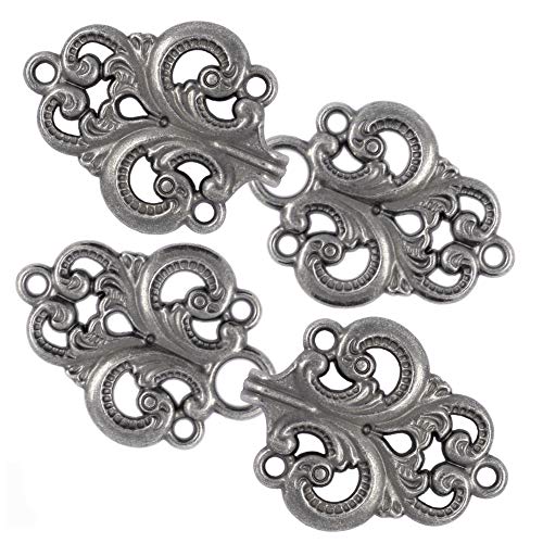 Bezelry 4 Pairs Swirl Flower Cape or Cloak Clasp Fasteners. 65mm x 28mm Fastened. Sew On Hooks and Eyes Cardigan Clip (Gray Silver)