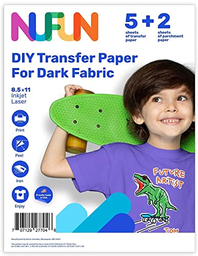 NuFun Activities Heat Transfer Paper for T Shirts, Dark Fabrics, Inkjet Printable Iron On Transfer for T-Shirts, 8.5 x 11 inch, Make Your own Custom T-Shirt, 5 Sheets