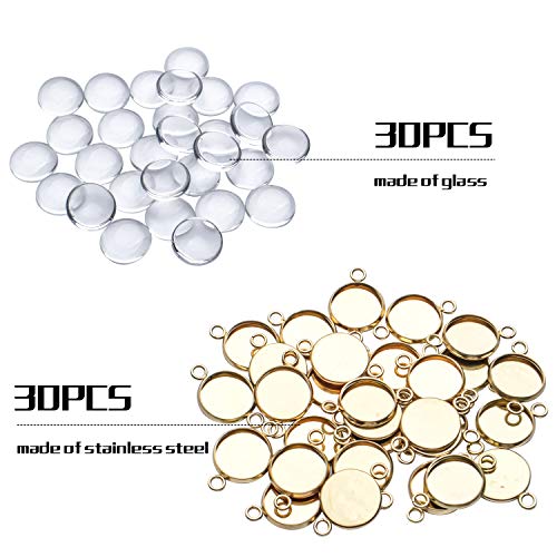 Pendant Blanks,30 Pcs 12mm Stainless Steel Bezel Pendant Double Holes Connector Trays Pendant Blanks With Clear Glass Cabochons For Photo Pendant Craft Jewelry Making