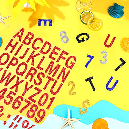 440 Pieces 2 Inch Iron on Letters and Numbers for Clothing T Shirts Fabric Printing in 5 Color Heat Transfer Vinyl Letter Number Stickers Flock Alphabet Number Punctuation for DIY Craft(Glitter Style)