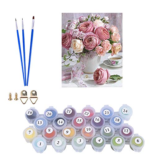 Kimily DIY Paint by Numbers for Adults Kids Pink Rose Paint by Numbers DIY Painting Roses Acrylic Paint by Numbers Painting Kit Home Wall Living Room Bedroom Decoration Pink Rose Flowers in Vase