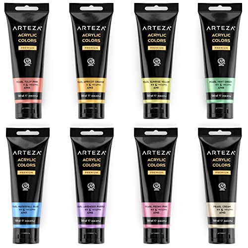 ARTEZA Pastel Acrylic Paint, Set of 8, Metallic Tones, 4.06 fl oz Tubes, High Viscosity Water-Based Paint, Glossy Finish, Art Supplies for Painting Paper, Canvas, Wood and Fabric, and DIY Projects