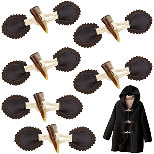 6 Sets Pu Leather Sew-On Toggles Closure with Resin Horn Button Sewing Accessories for Coat Clothing Jacket, Sweater, Windbreaker (Dark Brown)