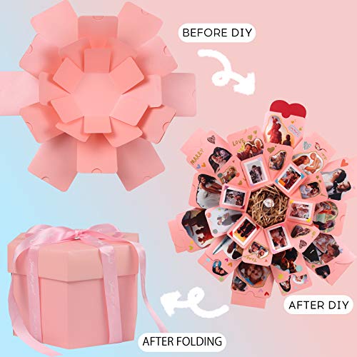 RECUTMS Explosion Box DIY Scrapbooking Set Handmade Photo Album,Gift Box with 6 Faces Wedding Memory Book (Pink-6 Sides)