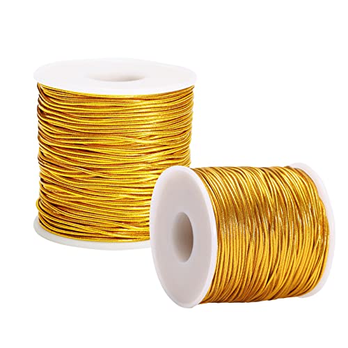 2 Rolls Metallic Elastic Cords Stretch Cord Ribbon Metallic Tinsel Cord Rope for Ornament Hanging, Decorating, Gift Wrapping, 1 mm 120 Yards (Gold)