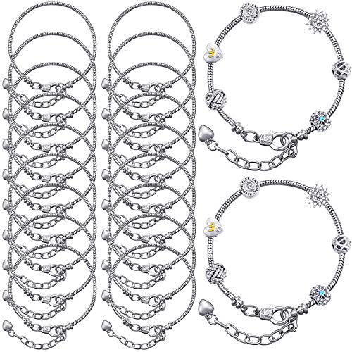 20 Pieces 7.87 Inch Bracelet Chains Snake Chain Charm Bracelets with Heart Lobster Clasp Extender Chain Stainless Steel Bracelet Link Chains DIY Bracelet Chain for Women Jewelry Making Craft (Silver)
