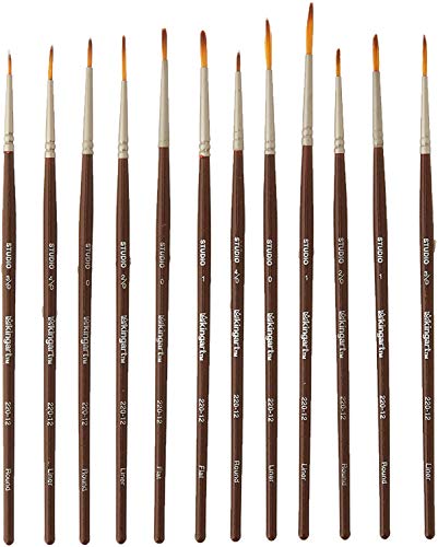 KINGART 220-12 All Purpose 12 Pc. Fine Detail Art, Craft & Hobby Brush Set, Assorted Small-Sized Round & Liner Paintbrushes, Synthetic Hair, Short Handle, Use with Oil, Acrylic & Watercolor Paint