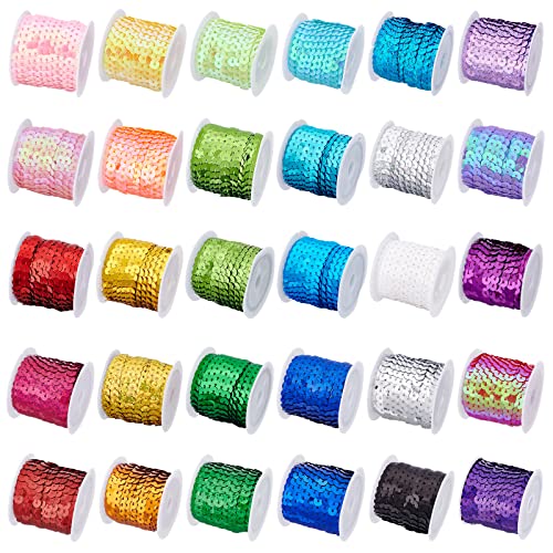 PH PandaHall 30 Color Spangle Flat Sequins 6mm Paillette Trim Spool String Sequins Ribbon Metallic Shiny Trim Sewing String for Mermaid Crafts Embellishments Halloween Costume Accessories (150 Yards)
