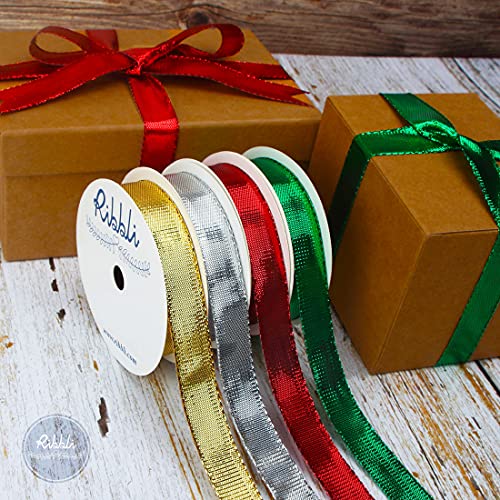 Ribbli Christmas 4 Rolls Metallic Glitter Ribbon, 5/8 Inch Total 40 Yards, Christmas Ribbon Use for Christmas Gift Wrapping, Christmas Craft and Decoration, Gold/Silver/Red/Green