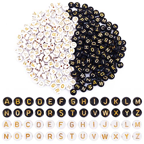 1000 Pcs Acrylic Letter Beads for Bracelets, Round Alphabet Beads 4x7mm A-Z Sorted, Letter Spacer Beads Bulk for Jewelry Bracelet Making (White/Black Letter Beads with Gold Letter)