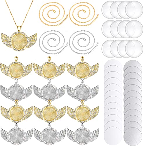 60 Pcs Sublimation Wing Blank Pendant Trays Set, 12 Rhinestone Bezel Pendant Trays 12 Round Transparent Glass Cabochons 12 Round Blank Discs 12 Clasp Chains 12 Double Sided Adhesive Tapes for Jewelry