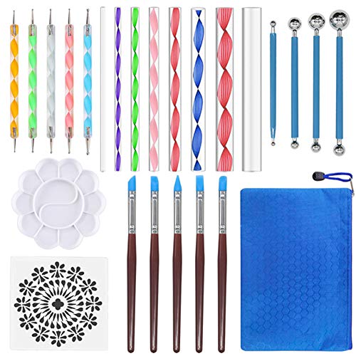 EuTengHao 25Pcs Dotting Painting Tools with Mandala Set Pen Dotting with Mandala Stencil Kit Ball Stylus Clay Sculpting Carving Tools for Clay Pottery Craft,Painting Rocks,Coloring,Art Drawing