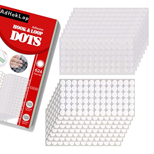 Adhoklop 1248 Pcs (624 Pairs) Thin Clear Dots with Adhesive Hook and Loop Nylon Transparent Sticky Back Coins 0.59 Inch Diameter Fastener for School Classroom Teacher Supplies (Clear)