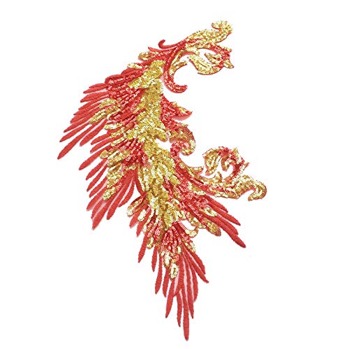 Sequins Embroidery Phoenix Peacock Feather Tail Applique Sewing Patches for Cloth Wedding Stage Accessories (red)