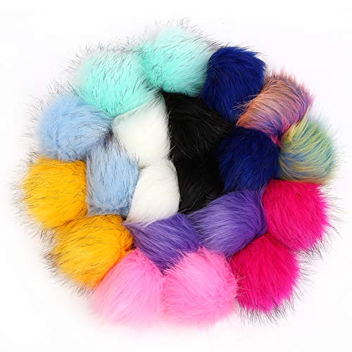20 Pieces Colorful Faux Fur Pom Poms Balls , Fluffy Fur Pompoms with Elastic Loop for Knitted Hat Gloves Bags Keychains Accessories (10 Bright Colors, 2 Pcs Per Color)