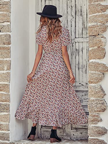 PRETTYGARDEN Women's Summer Wrap Maxi Dress Casual Boho Floral V Neck Short Sleeve Ruffle Hem Split Beach Long Dresses(White Red Floral,XX-Large)