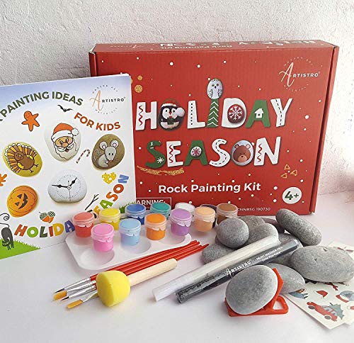 Rock Painting Kit – Rock Art Painting Supplies with 10 Smooth Rocks for Painting, Waterproof Acrylic Paint, Crafts for Kids Ages 4-8 & 8-12 for Hide and Seek, Kindness Rocks, Christmas Gift Idea