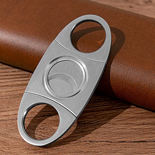 Oyydecor Cigar Case Cigar 3- Finger Carrying Case Set Cedar Wood Lined Leather, Cigar Humidor with Silver Stainless Steel Cutter (Brown)