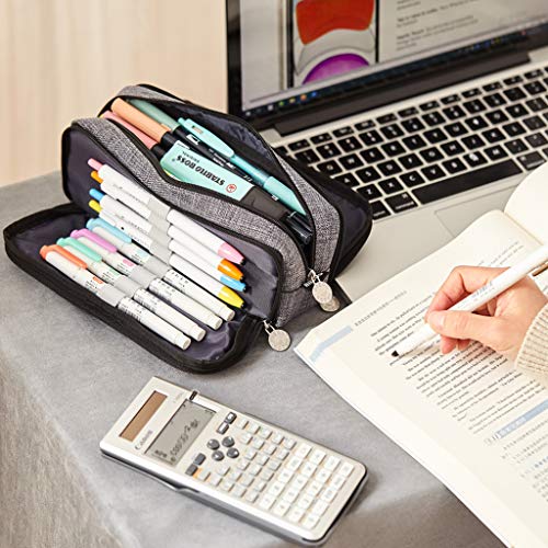 ANGOOBABY Large Pencil Case Big Capacity 3 Compartments Canvas Pencil Pouch for Teen Boys Girls School Students (Black)