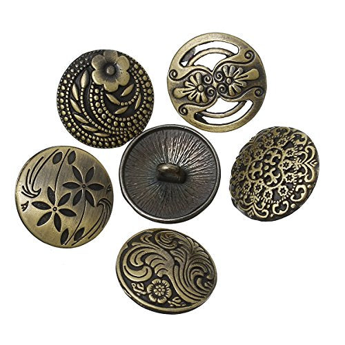 JGFinds Shank Button - 30 Pack, 6 of Each Assorted Design, Carved Bronze Tone Metal, Mixed Antique and Vintage Look Flowers and Wave Patterns, 17mm Diameter, Decorative Blazer Clothes Luxury Buttons