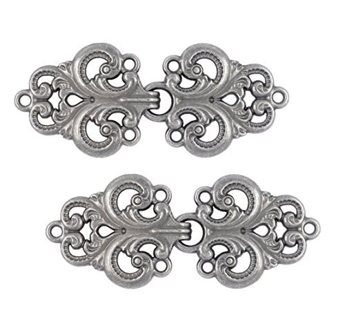 Bezelry 4 Pairs Swirl Flower Cape or Cloak Clasp Fasteners. 65mm x 28mm Fastened. Sew On Hooks and Eyes Cardigan Clip (Gray Silver)
