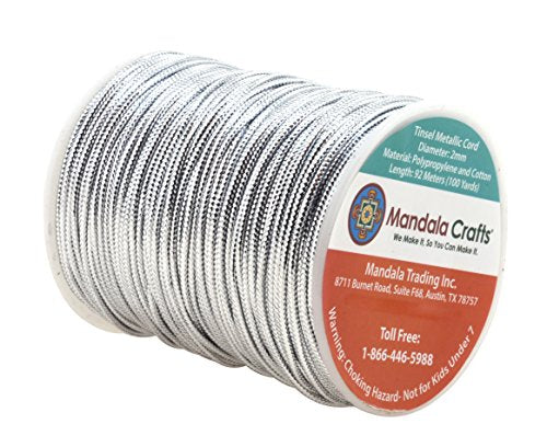 Mandala Crafts 2mm Silver Metallic Cord Tinsel String for Tag Ornament Hanging Gift Wrapping - 100 Yard Silver Rope Metallic String for Decorating Hair