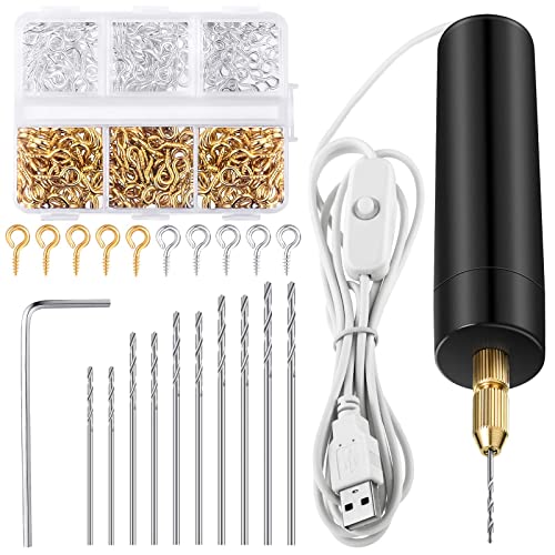 Leifide Electric Resin Drill Set, Including 300 Gold Silver Eye Screws, 10 Twist Drill Bits Tools, Electric Mini Drill with Wrench Hex Pin Vise for Resin Casting Molds DIY Keychains Crafts Making