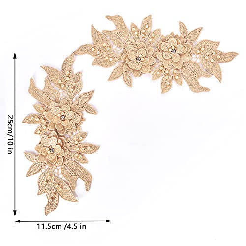 KEJUEEB 1 Pair 3D Lace Applique, Sew on Flower Bead Patches Embroidery Floral Motif Beaded Rhinestones Lace Trim Fabric Pearl Appliques for Sewing Wedding Bride Dress Veil Clothes Decoration (Yellow)