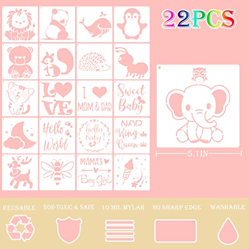 22 Pack Cute Baby Stencils for Onesie Decorating Kit Reusable Baby Shower Stencils for Painting on Fabric Bodysuit Shirts Bags Shoes Bibs Clothes Small Animals Theme Templates