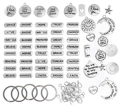 Incraftables 60pcs Word Charms with 15pcs Clasps & Rings. Bulk Motivational & Inspirational Silver Charms for DIY Craft, Bangle & Jewelry Making. Designer Charm Set for Bracelet & Crafting Supplies