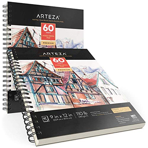 Arteza Mixed Media Sketchbooks, Pack of 2, 9 x 12 Inches, 60-Sheet Drawing Pads, 110lb/180gsm Acid-Free Paper, Micro-Perforated, Spiral-Bound, Art Supplies for Wet and Dry Media