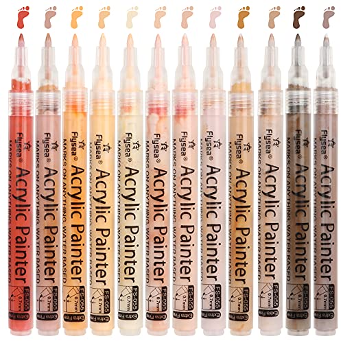 Skin Tones Art Markers, Acrylic Paint Pens Set of 12 Skin Colors Paint Markers for Rocks Canvas Tiles Glass Ceramic Wood Sketch Portrait Manga Drawing Illustration Sketching, Extra Fine Tip