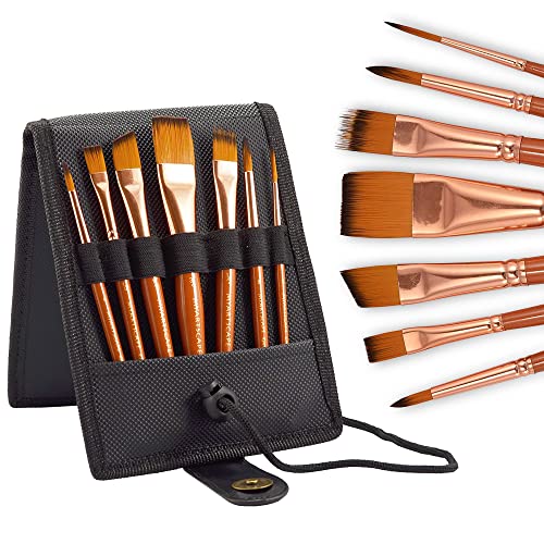 MyArtscape Travel Paint Brush Set, 7 Ultra Short-Handle Brushes with Case Holder - for Watercolor, Gouache and Acrylic - Synthetic Hair - Ideal for Plein Air Painting - Art Supplies