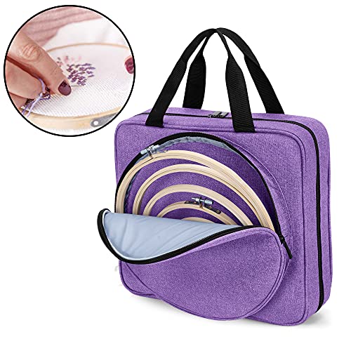 LoDrid Embroidery Project Bag, Square Embroidery Supplies Storage Tote Bag, Portable Craft Carry Case for Embroidery Kits and Cross Stitch Kits Tools, Multiple Pockets, Purple, Bag Only