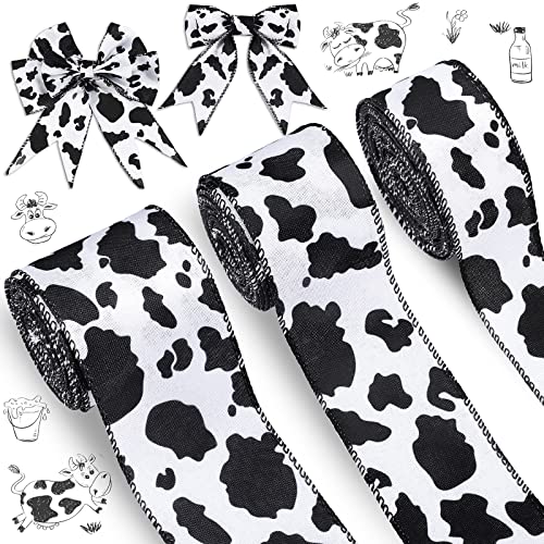 3 Rolls 20 Yards Cow Print Ribbons Wired Edge Burlap White Black Craft Ribbon Gift Wrapping Ribbon Cowhide Fabric Ribbons for Cow Theme Party Favor Christmas Wreath Bow DIY Craft Bouquet Decoration