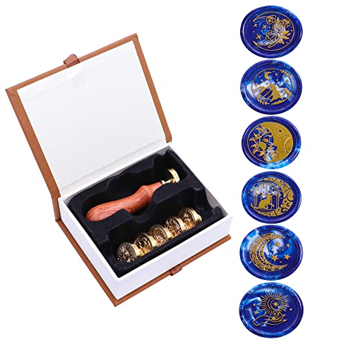Taoskai 6 Pieces Moon and Star Wax Seal Stamp Kit, Retro Sealing Wax Stamp for Wedding Invitation, Gift Wrapping, Wine Package Decoration (Moon and Star Series)