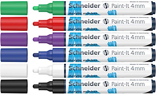 Schneider Paint-It 320 Acrylic Marker Set 1 (4 mm Round tip, high Coverage, Brilliant Colour, for Almost All Surfaces) 6 Pieces