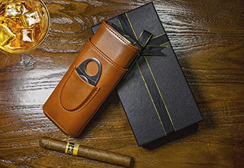 Cigar Case with Cutter and Gift Box,Cigar Travel Case for Men,3-Finger Leather Cigar Carrying Case,Wood Lined Cigar Humidor Case,Perfect Cigar Accessories Gift
