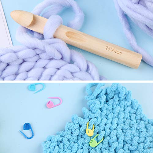 Wooden Crochet Hooks, 25mm Wooden Handle Crochet Hook Bamboo Knitting Crochet Needles with 10 pcs Knitting Stitch Markers for Handcraft Crocheting