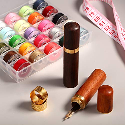 2 Pieces Wooden Needle Case Sewing Needles Holder Storage Box 24 Pieces Sewing Needles Gold Tail Needles Self Threading Needles 2 Pieces Copper Sewing Thimbles for Stitching Hand Crafts Knitting