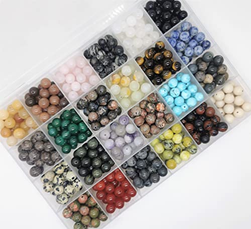 500pcs Natural Round Stone Beads Healing Energy Crystals Gemstone Beading Loose Gemstone Hole Size 1mm DIY Smooth Beads for Bracelet Necklace Earrings Jewelry Making,Box Packed (24Colors-8mm)